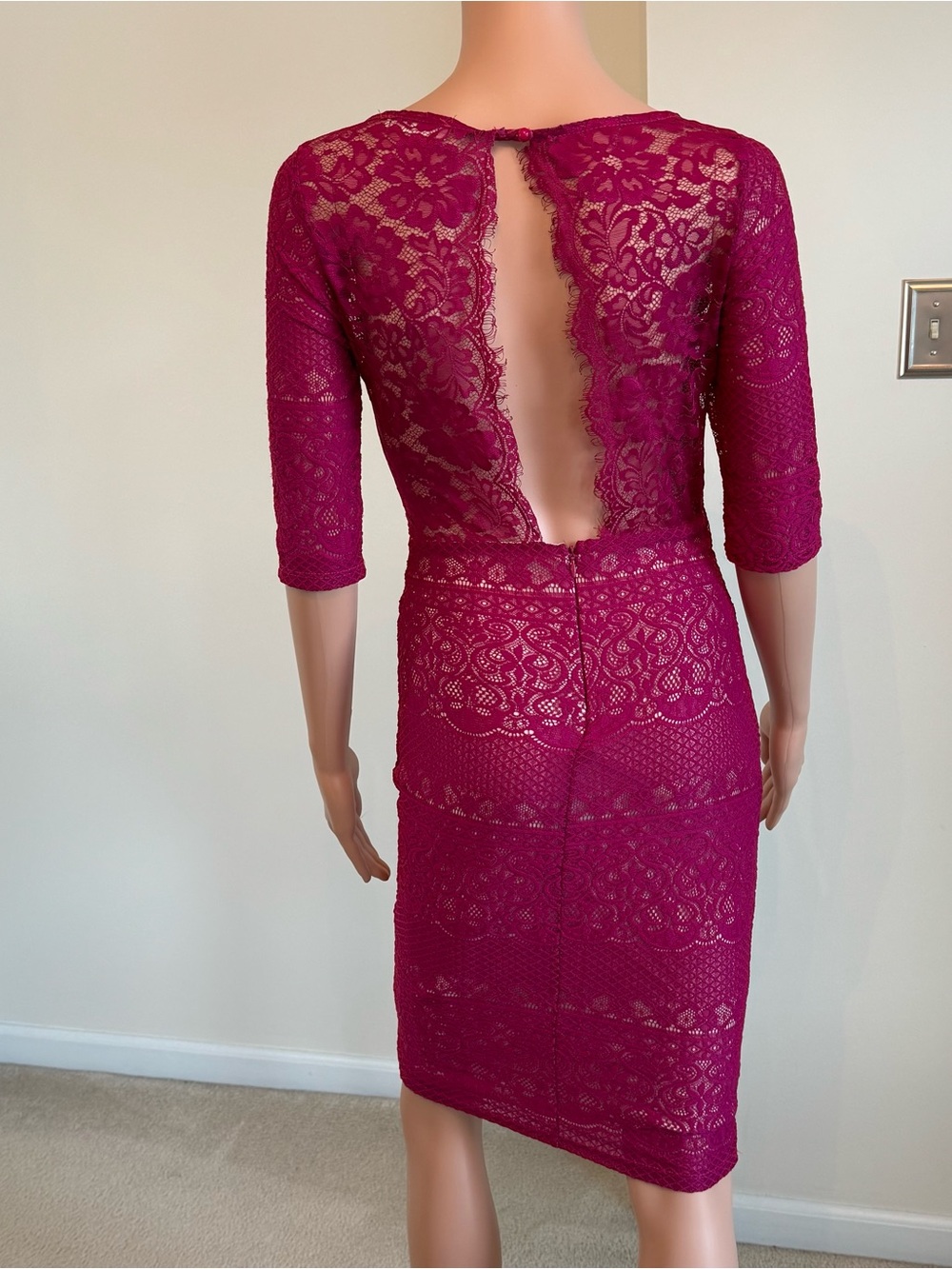 Pink Lace Open Back Sexy Bodycon 3/4 Sleeve Knee Length Cocktail Party Dress